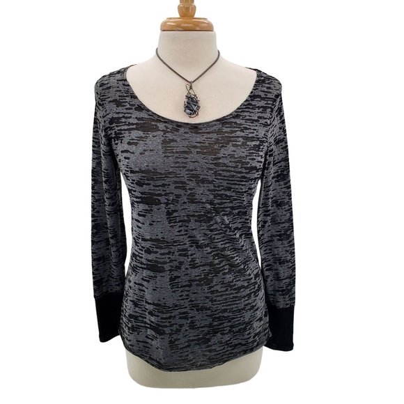 BKE Tops - BKE Womens Sheer Full Lace Back Burnout Shirt Top Sz S Black & Gray Long Sleeve